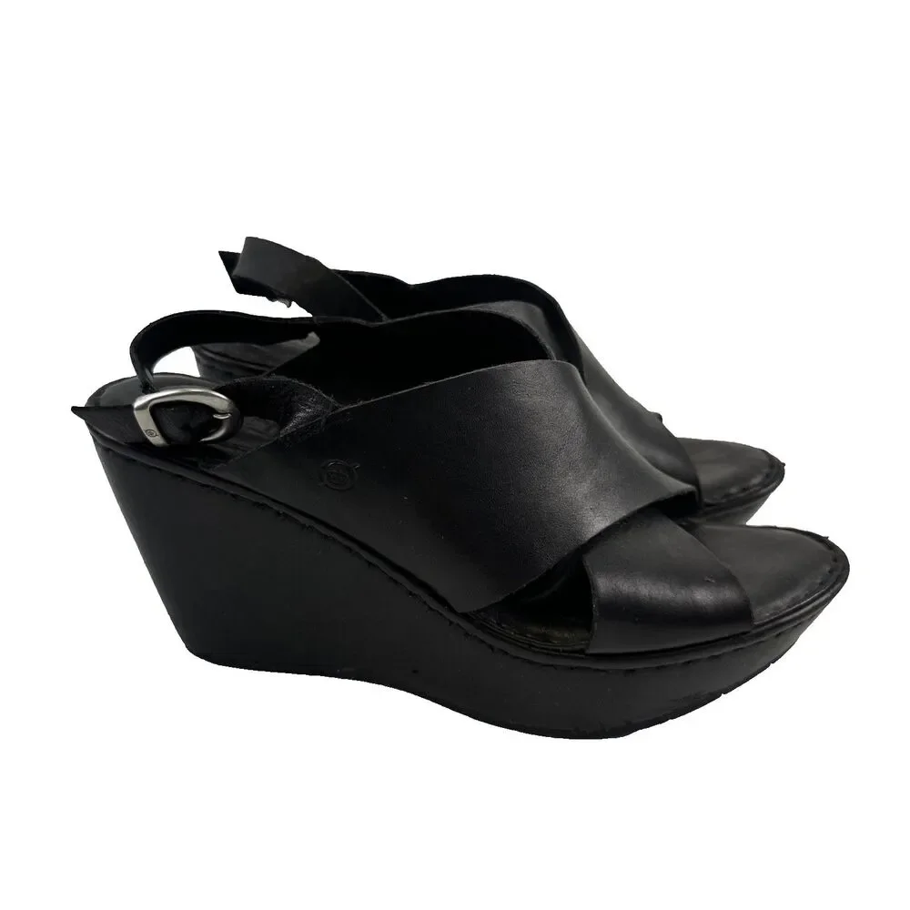 Born Emmy II Platform Slingback Sandal Black‎ Leather Buckle Straps Womens 10